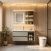 主图1 Simple & luxury solid wood bathroom cabinet set, waterproof, with seamless slate & ceramic integrated basin