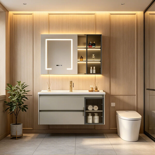 主图1 Simple & luxury solid wood bathroom cabinet set, waterproof, with seamless slate & ceramic integrated basin