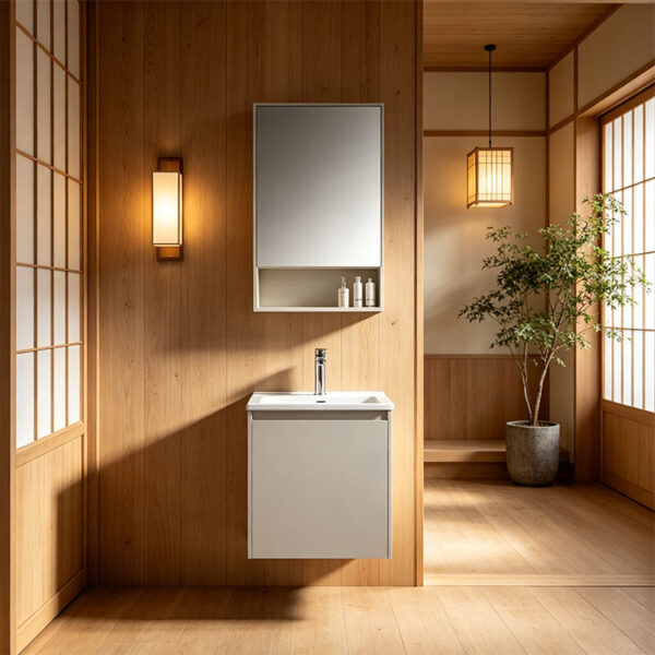 Cream-style solid wood bathroom vanity with integrated ceramic sink for washroom hand washing and facial cleansing
