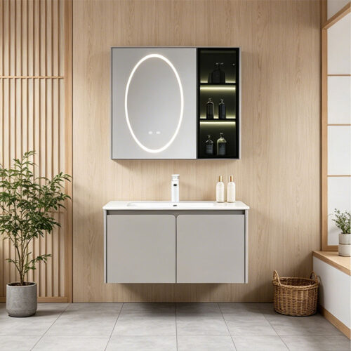 The bathroom vanity features a ceramic integrated basin for washing hands and face, and a solid wood, cream-colored finish.