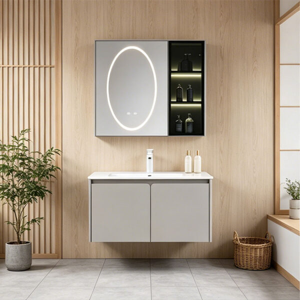 The bathroom vanity features a ceramic integrated basin for washing hands and face, and a solid wood, cream-colored finish.