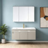 Modern minimalist cream-colored solid wood bathroom vanity unit with ceramic basin, small washbasin, bathroom cabinet.