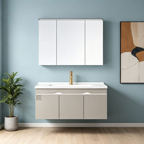 Modern minimalist cream-colored solid wood bathroom vanity unit with ceramic basin, small washbasin, bathroom cabinet.