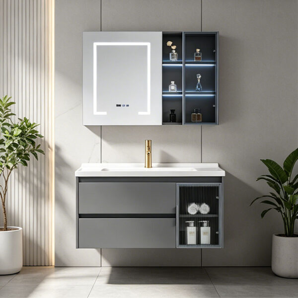 主图11 Simple & luxury solid wood bathroom cabinet set, waterproof, with seamless slate & ceramic integrated basin