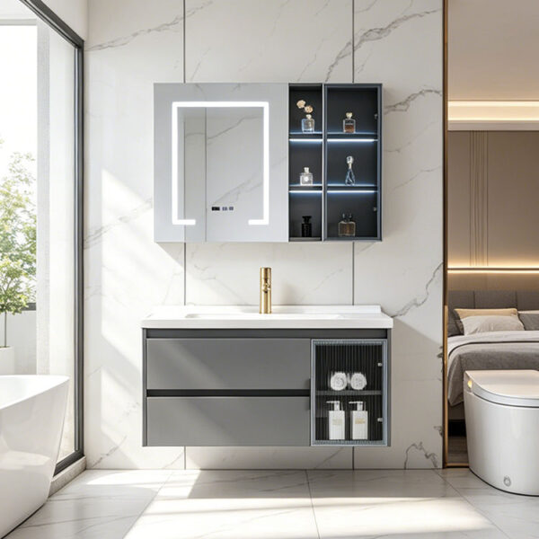 主图12 Simple & luxury solid wood bathroom cabinet set, waterproof, with seamless slate & ceramic integrated basin