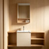 Cream-style solid wood bathroom vanity with integrated ceramic sink for washroom hand washing and facial cleansing