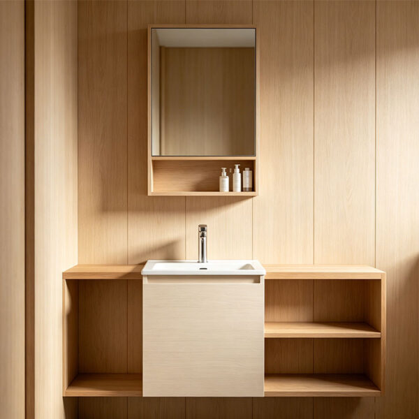 Cream-style solid wood bathroom vanity with integrated ceramic sink for washroom hand washing and facial cleansing