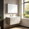 Modern minimalist cream-colored solid wood bathroom vanity unit with ceramic basin, small washbasin, bathroom cabinet.