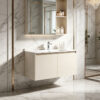Cream-style solid wood bathroom vanity with integrated ceramic sink for washroom hand washing and facial cleansing