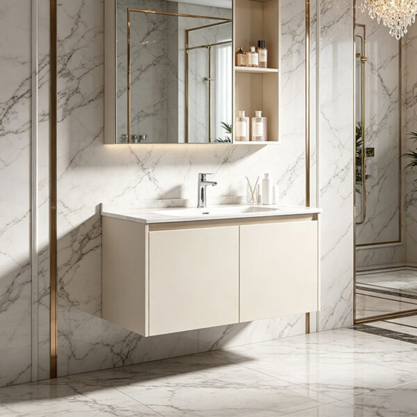 Cream-style solid wood bathroom vanity with integrated ceramic sink for washroom hand washing and facial cleansing