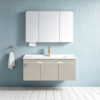 Modern minimalist cream-colored solid wood bathroom vanity unit with ceramic basin, small washbasin, bathroom cabinet.