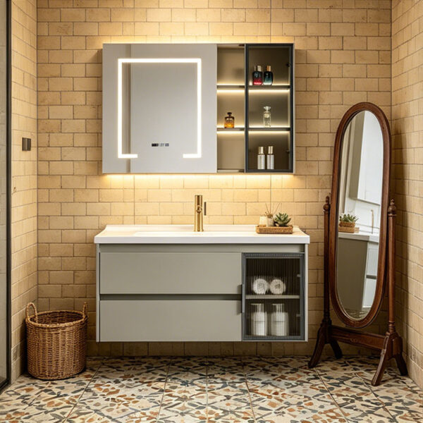 主图3 Simple & luxury solid wood bathroom cabinet set, waterproof, with seamless slate & ceramic integrated basin