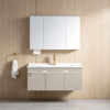 Modern minimalist cream-colored solid wood bathroom vanity unit with ceramic basin, small washbasin, bathroom cabinet.