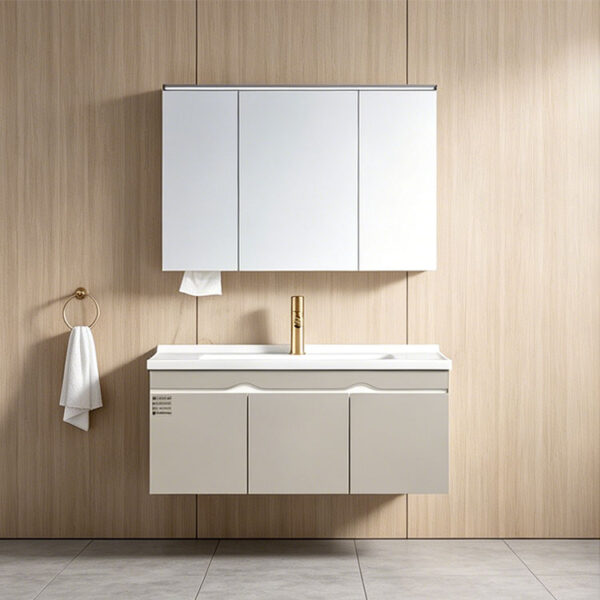 Modern minimalist cream-colored solid wood bathroom vanity unit with ceramic basin, small washbasin, bathroom cabinet.