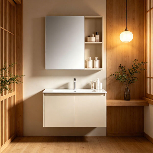 Cream-style solid wood bathroom vanity with integrated ceramic sink for washroom hand washing and facial cleansing