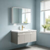 Modern minimalist cream-colored solid wood bathroom vanity unit with ceramic basin, small washbasin, bathroom cabinet.