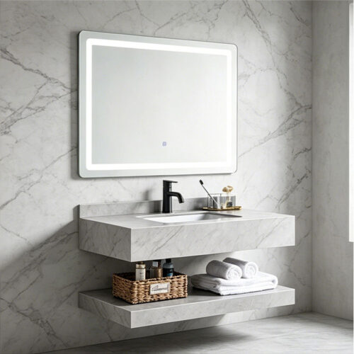 Customized minimalist glossy slab stone washbasin bathroom cabinet wall-mounted washbasin household marble vanity basin double-layer cabinet combination