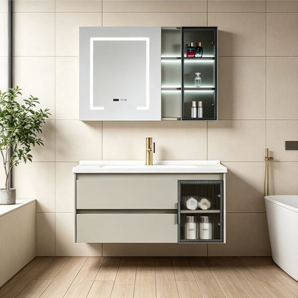 主图5 Simple & luxury solid wood bathroom cabinet set, waterproof, with seamless slate & ceramic integrated basin