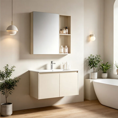 Cream-style solid wood bathroom vanity with integrated ceramic sink for washroom hand washing and facial cleansing