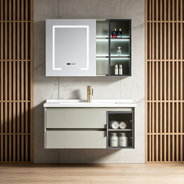 主图6 Simple & luxury solid wood bathroom cabinet set, waterproof, with seamless slate & ceramic integrated basin