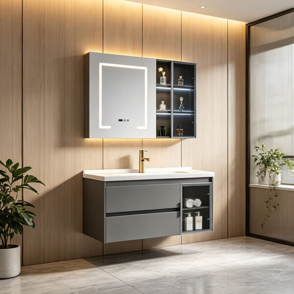 主图7 Simple & luxury solid wood bathroom cabinet set, waterproof, with seamless slate & ceramic integrated basin