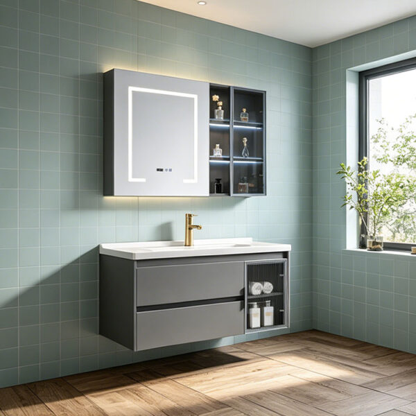 主图8 Simple & luxury solid wood bathroom cabinet set, waterproof, with seamless slate & ceramic integrated basin