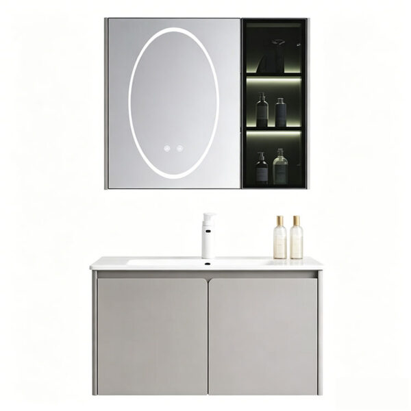 The bathroom vanity features a ceramic integrated basin for washing hands and face, and a solid wood, cream-colored finish.