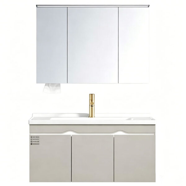 Modern minimalist cream-colored solid wood bathroom vanity unit with ceramic basin, small washbasin, bathroom cabinet.