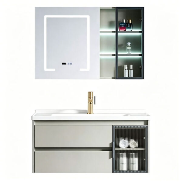白底图 Simple & luxury solid wood bathroom cabinet set, waterproof, with seamless slate & ceramic integrated basin