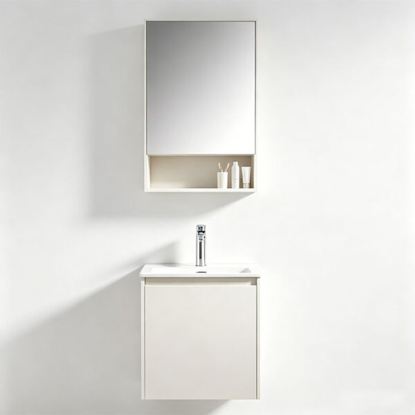 Cream-style solid wood bathroom vanity with integrated ceramic sink for washroom hand washing and facial cleansing