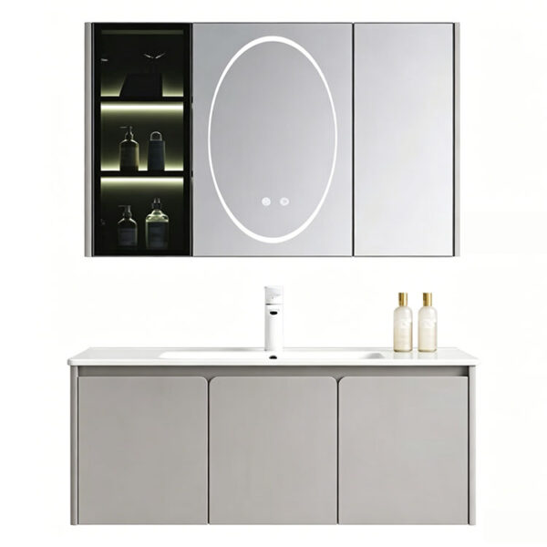 The bathroom vanity features a ceramic integrated basin for washing hands and face, and a solid wood, cream-colored finish.