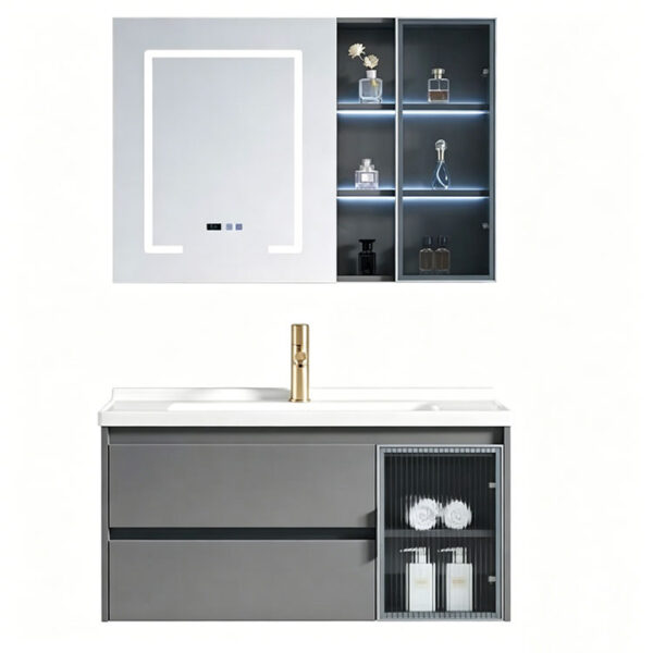 白底图2 Simple & luxury solid wood bathroom cabinet set, waterproof, with seamless slate & ceramic integrated basin