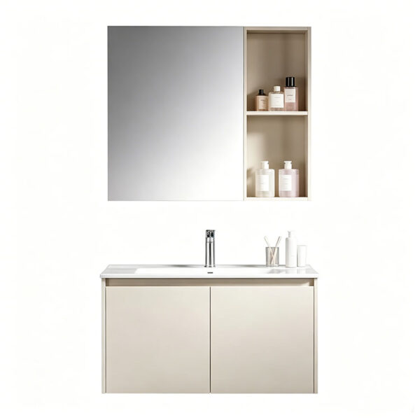 Cream-style solid wood bathroom vanity with integrated ceramic sink for washroom hand washing and facial cleansing